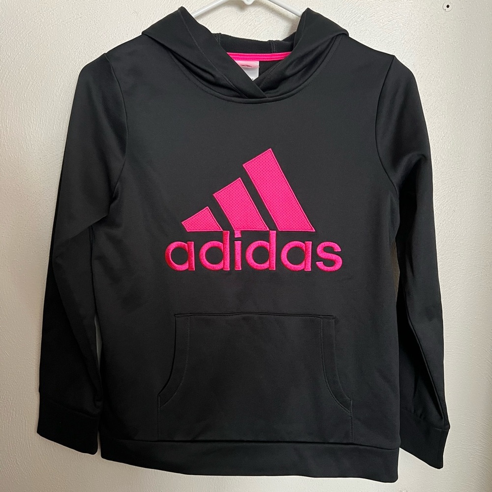 ADIDAS Classic Embroidered Logo Athletic Quick Dry Hoodie Black Pink Girl's Sz L